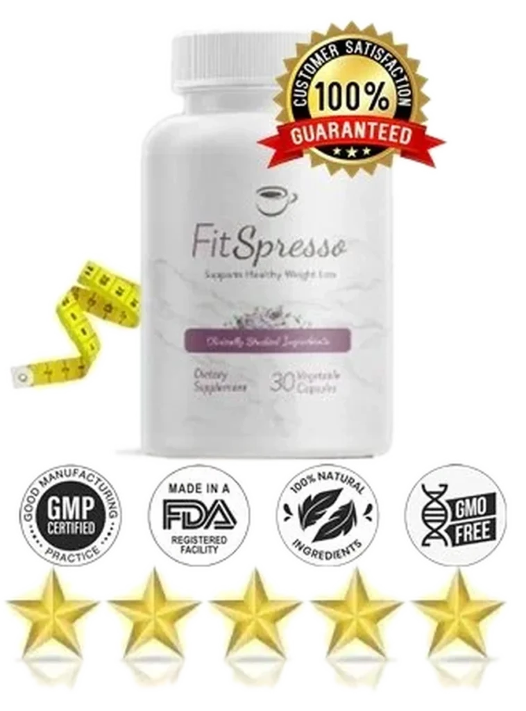 FitSpresso supplement bottle with quality badges and satisfaction guarantee — transparent background.