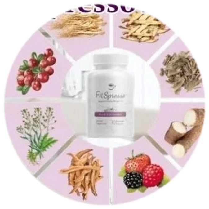 FitSpresso ingredients blend circle with supplement bottle on transparent background