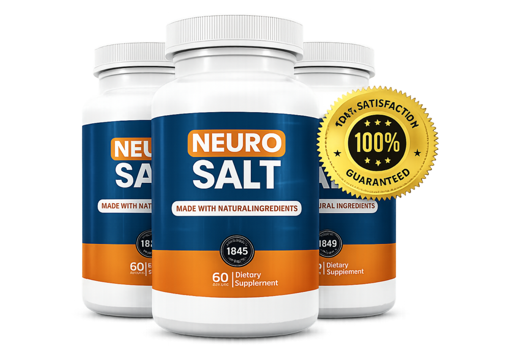 Three Neuro Salt supplement bottles with a 100% satisfaction guarantee badge displayed on a transparent background.