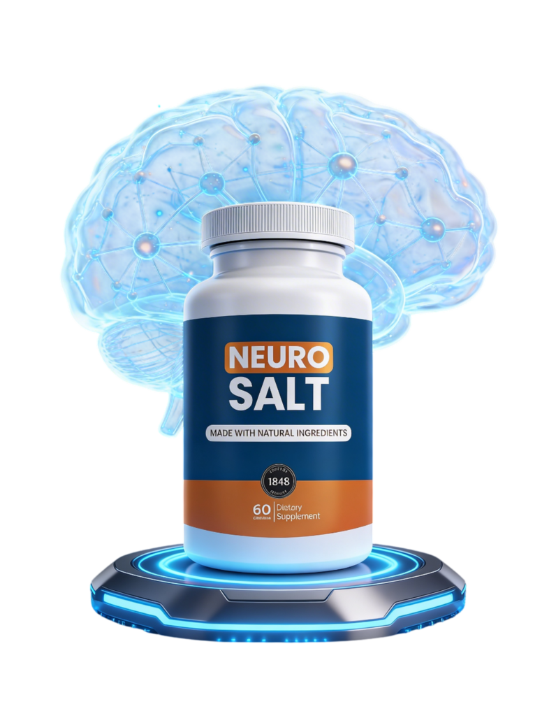 Neuro Salt dietary supplement bottle with glowing digital brain background representing cognitive support and mental performance.