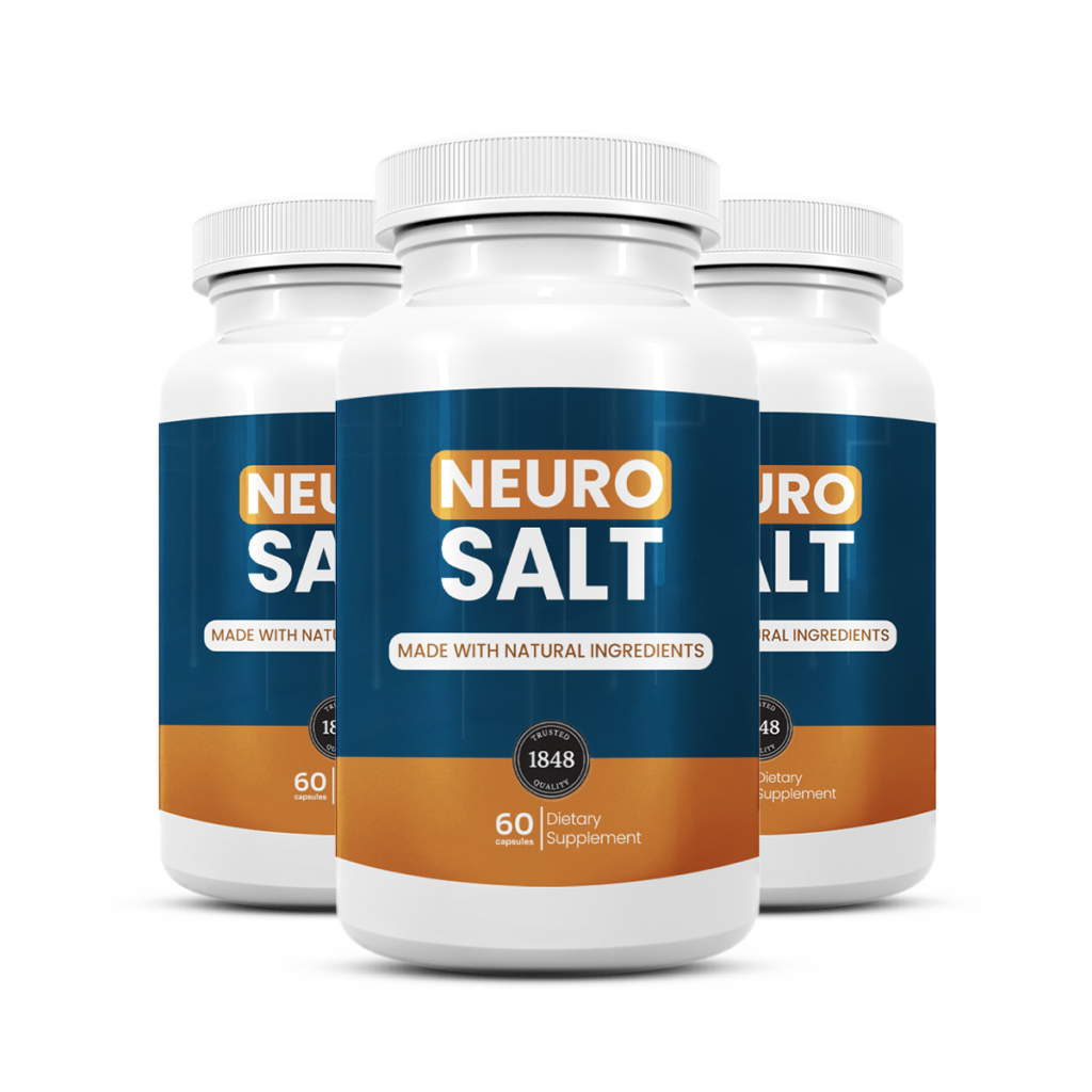 Three bottles of Neuro Salt dietary supplement made with natural ingredients and 60 capsules per bottle.