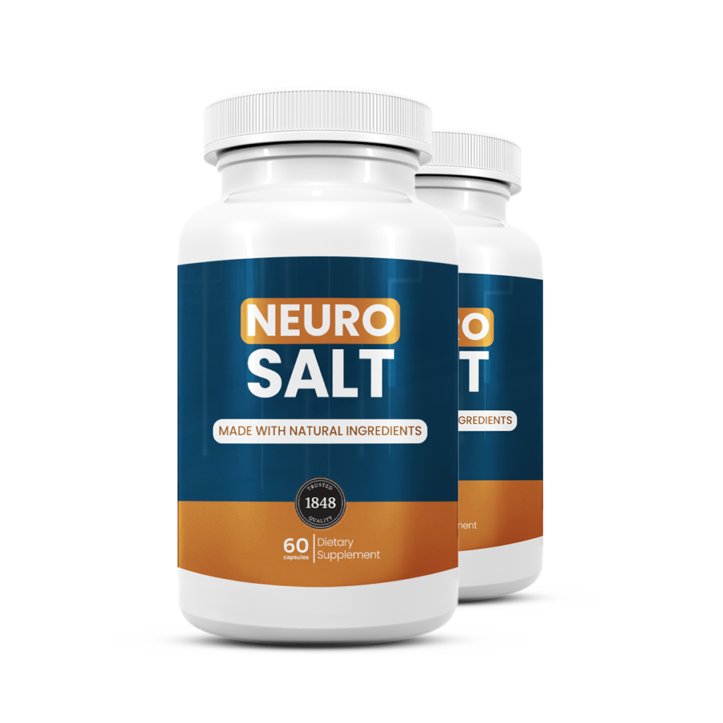 Neuro Salt supplement 2 bottles with natural ingredients for cognitive support and hydration wellness.