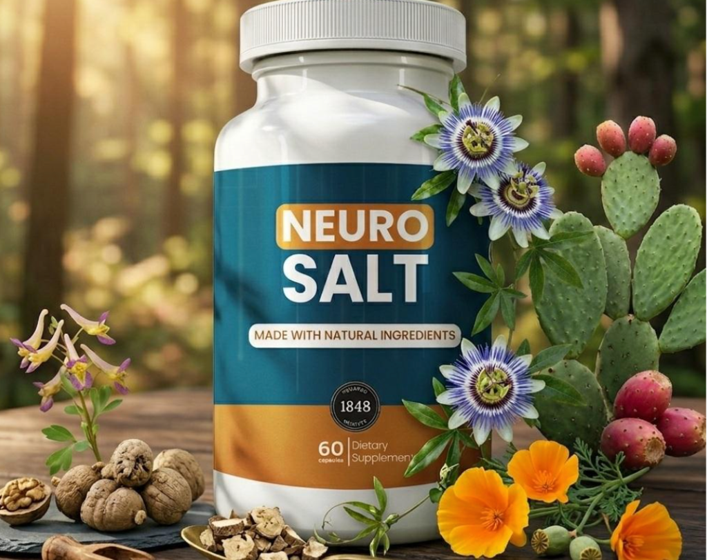 Bottle of Neuro Salt natural dietary supplement surrounded by herbs, flowers, cactus, and botanical ingredients.