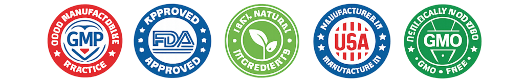 Certification badges showing GMO Free, FDA Registered Facility, 100% Money Back Guarantee, and Ethically Sourced product standards.